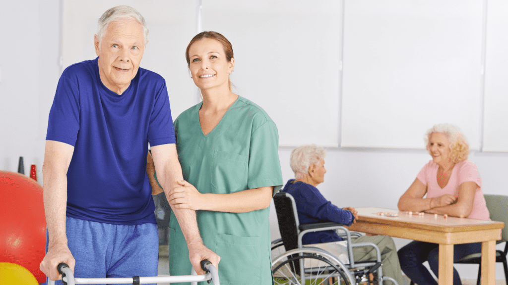 What Qualifies a Patient for Skilled Nursing Care - article shows a man getting physical rehab with his walker with help from an aide.